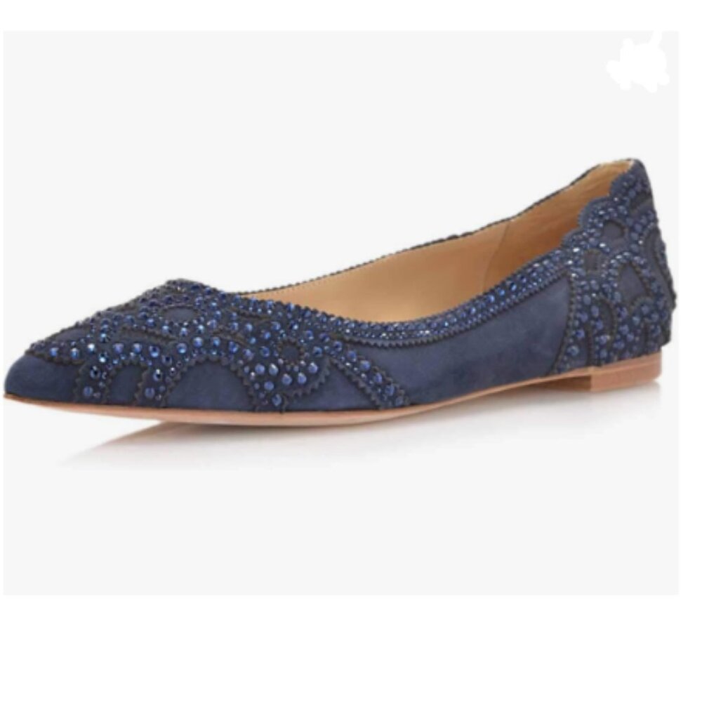 XYD Navy Pointed Toe Rhinestone Flats Slip-on Crystals Wedding Bride Ballet Shoe